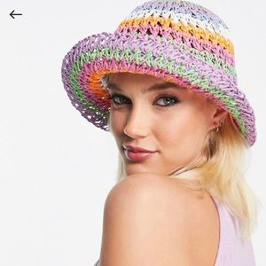 Crochet straw bucket hat in rainbow
